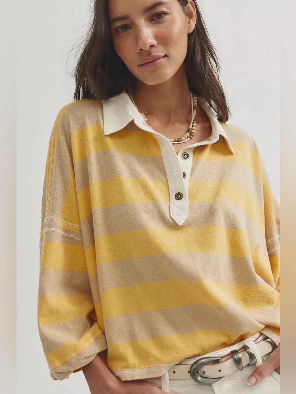 Free People Aggie Stripe Top Oat Latte Yellow